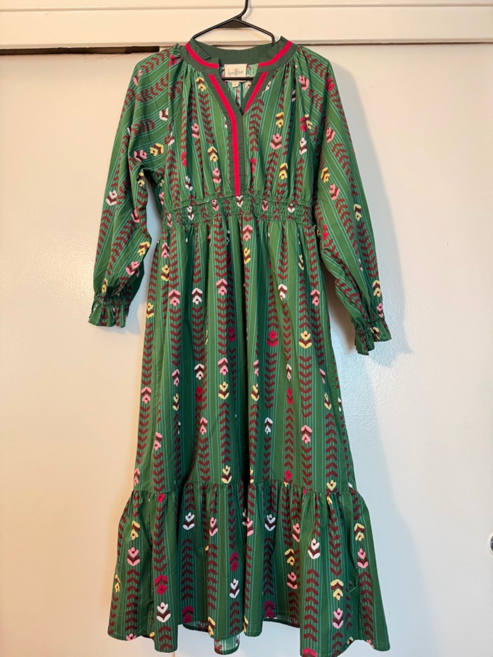 Umgee Green Patterned Long-Sleeve Midi Dress with Pink & Yellow Accents